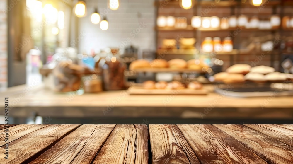 A polished wooden table sits in a bakery, with various baked goods in the blurred background, copy space A polished wooden table sits in a bakery, with various baked goods in the blurred background, copy space