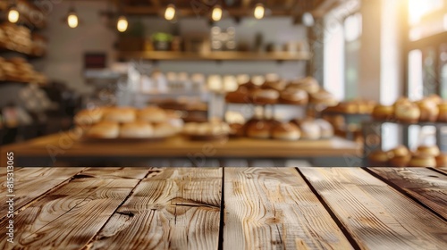 A polished wooden table in a bakery with freshly baked loaves of bread in the blurry background  copy space