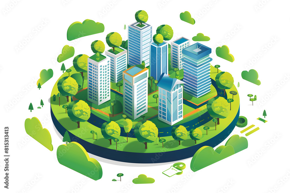 Isometric sustainable city with trees in white background, depicting a futuristic and eco-friendly urban environment, suitable for environmental conservation and sustainable development concepts. Isometric sustainable city with trees in white background, depicting a futuristic and eco-friendly urban environment, suitable for environmental conservation and sustainable development concepts.