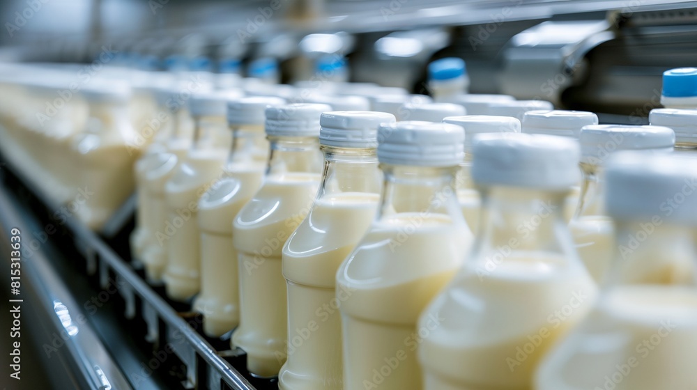 a row of bottles of milk on a conveyor belt in a factory a row of bottles of milk on a conveyor belt in a factory