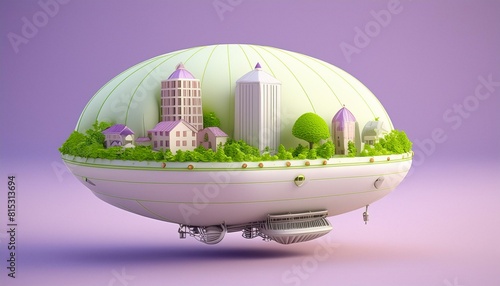 A fantastical airship designed as a mobile, instant city, complete with deployable buildings  photo