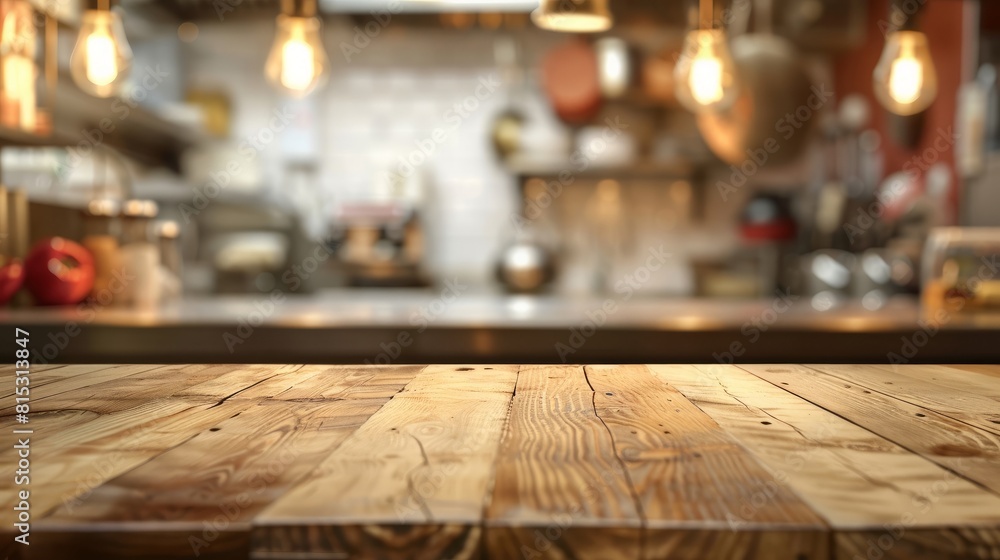 A wooden table in a bustling kitchen, with a blurred background of kitchen appliances and utensils, copy space A wooden table in a bustling kitchen, with a blurred background of kitchen appliances and utensils, copy space