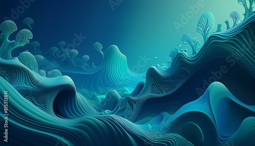 An abstract, biomimetic underwater complex with coral-like structures and flowing organic  photo