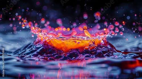 A colorful water droplet captured in extreme slow motion, displaying intricate details and a burst of vibrant shades
