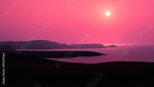 a pink sky with a small island