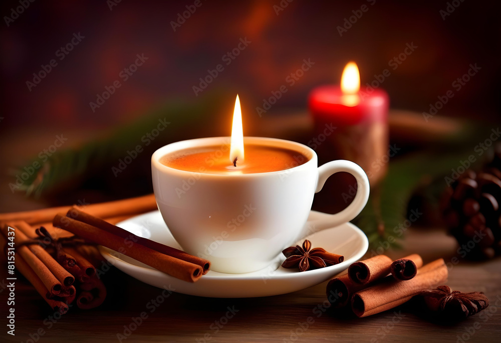 A cup of coffee with a cinnamon sticks and a lit candle in the background A cup of coffee with a cinnamon sticks and a lit candle in the background