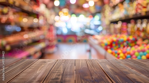 A wooden table stands in a candy store with a blurred background of colorful treats, creating a vibrant and inviting atmosphere, copy space