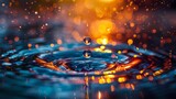 A macro shot of a vibrant water droplet, capturing the intricate details and vivid colors as it merges with a liquid surface