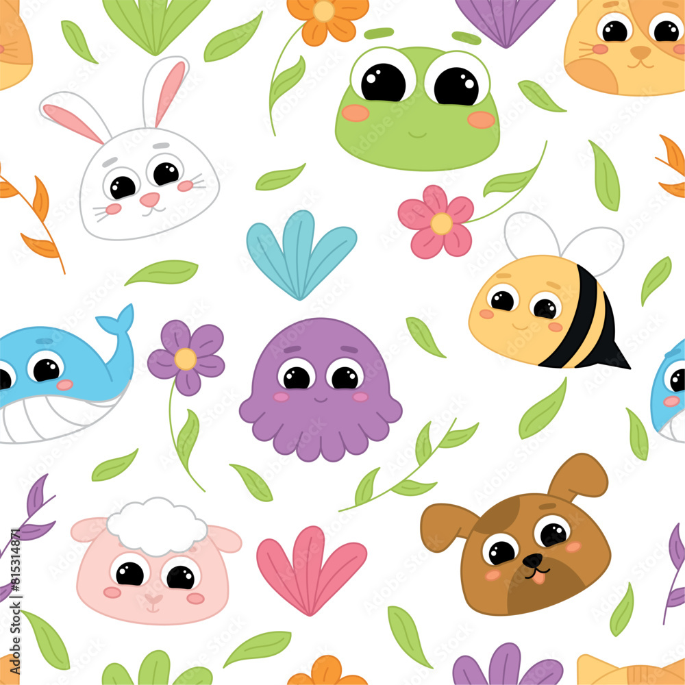 Naklejka premium Cute kawaii emoji animal icons pattern Vector illustration
