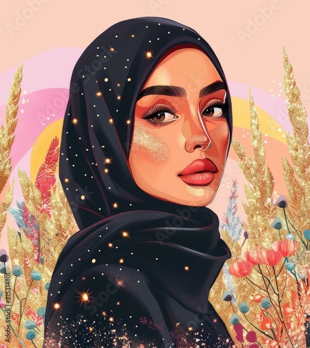 illustration of a Muslim fashionista, luxury urban trendsetter, Ramadan aesthetic, sparklecore, glittercore photo