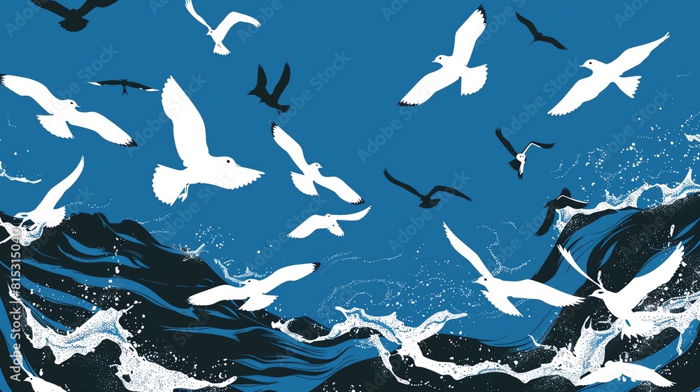 Blue ocean with seabirds flat design top view, coastal theme, animation, black and white Blue ocean with seabirds flat design top view, coastal theme, animation, black and white