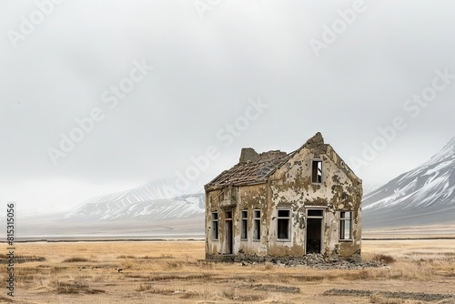 decrepit halfdestroyed house in vast graybrown landscape elegant fine art photography digital editing photo