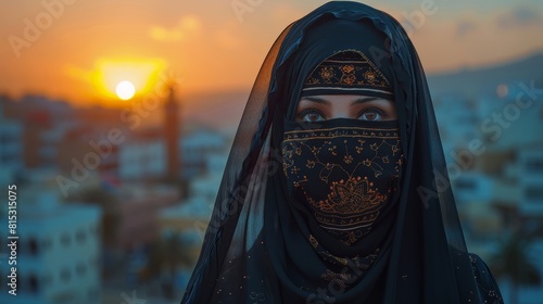 muslim 30 years old woman wearing a black niqab in tangier