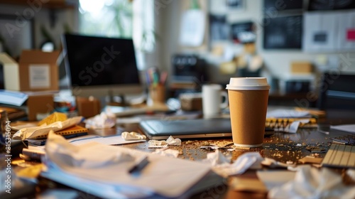 A messy desk with a spilled coffee cup, crumpled papers, and a deserted computer monitor.. photo