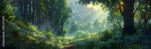 Wald Panorama mit Sonnenstrahlen photo