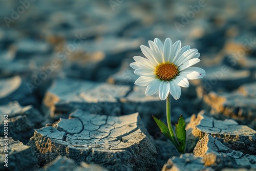 photo of a white flower breaks through cracked dry soil, the concept of global warming. © Dusit