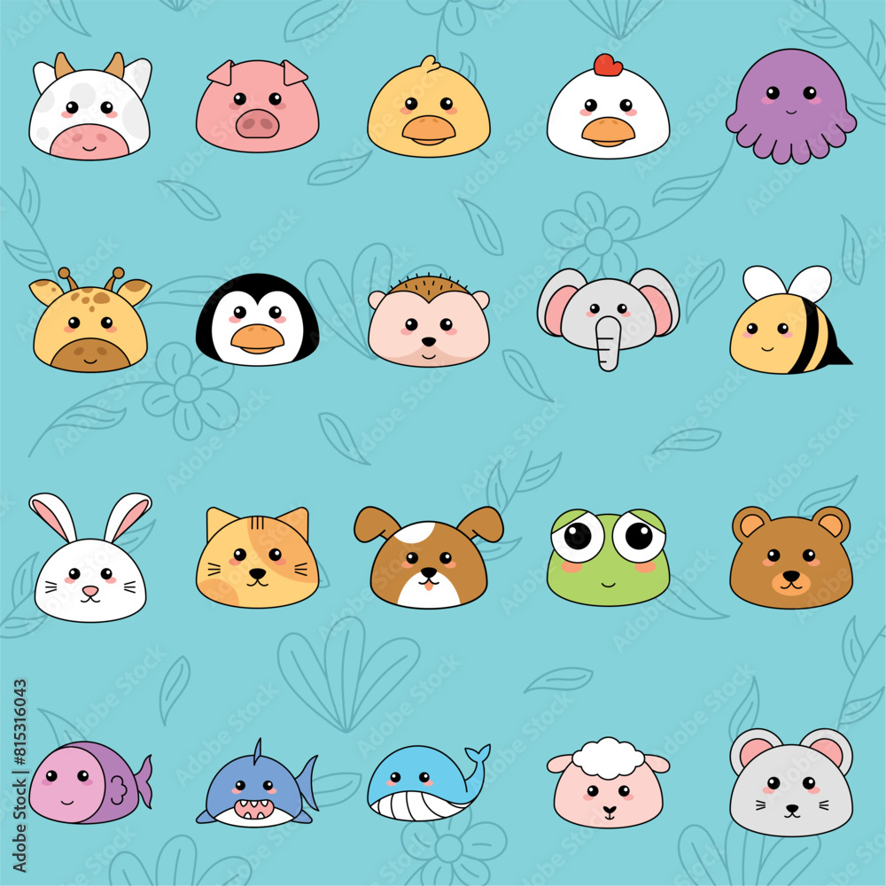 Fototapeta premium Cute kawaii emoji animal icons set Vector illustration