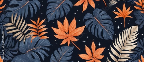 digital illustration of tropical leaves background in vibrant orange and muted blue