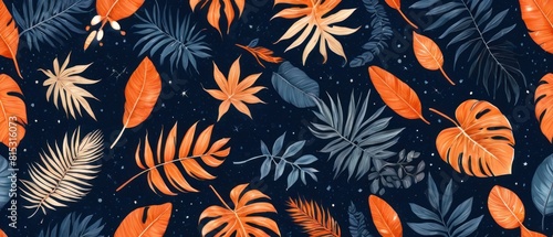 digital illustration of tropical leaves background in vibrant orange and muted blue