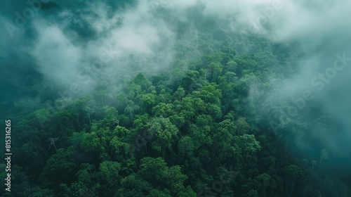Behold the breathtaking aerial perspective of a lush dark green forest enveloped in ethereal misty clouds showcasing the intricate beauty of Mother Nature s rich ecosystem This captivating 