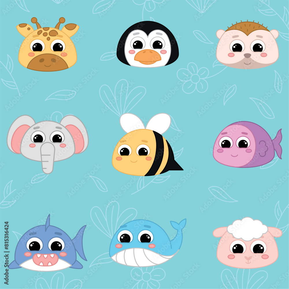 Fototapeta premium Cute kawaii emoji animal icons set Vector illustration