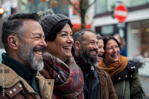 Group of senior friends walking on the street in Paris, France.