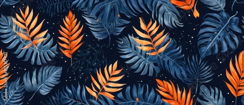 digital illustration of tropical leaves background in vibrant orange and muted blue