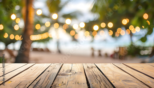 A high-quality photo of a wooden table with a blur beach cafe background and bokeh lights  creating a cozy and vibrant atmosphere perfect for vacation and leisure.