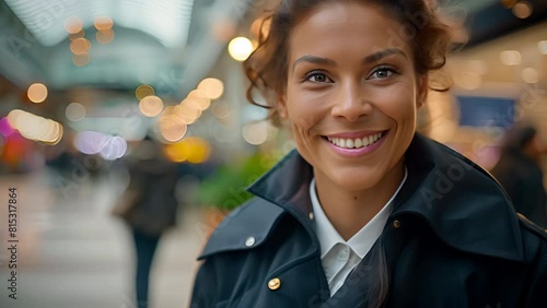 woman in security guard uniform, smiling confidently at a shopping mall photo