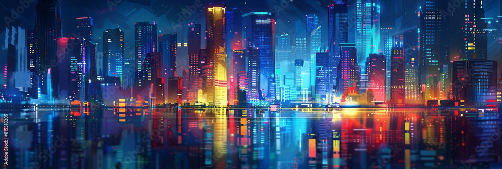 A colorful city of buildings with water reflections in the night, in a blurred style.