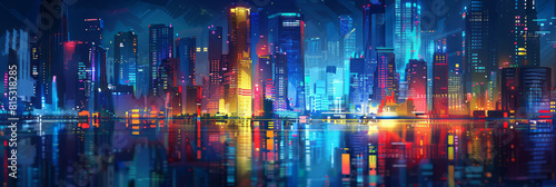 A colorful city of buildings with water reflections in the night  in a blurred style.