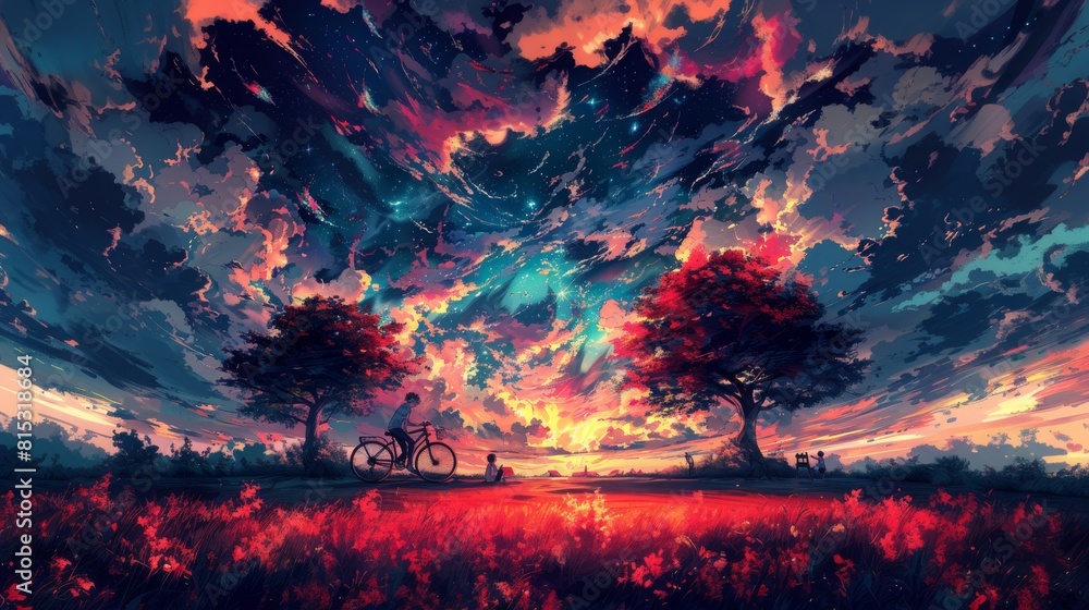 Digital art moon with the scenery digital art colorful sky view, concept of fantasy of silhouette two people with aurora view in the sky Digital art moon with the scenery digital art colorful sky view, concept of fantasy of silhouette two people with aurora view in the sky