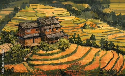 Rice fields are located in the countryside, in a textural and layered style, with vernacular architecture, light orange, and dark green. photo