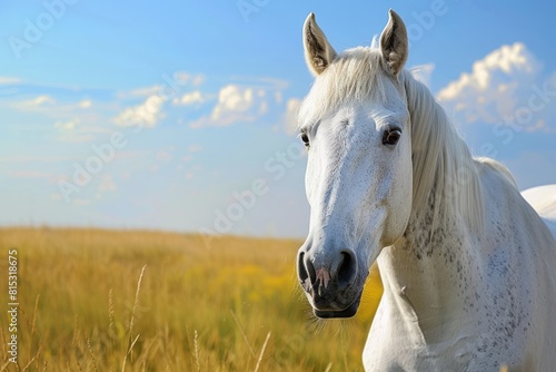 White horse standing in the green field on a sunny summer day
