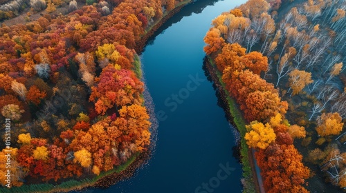 The image shows an aerial view of a river flowing through a forest. The trees are in full autumn foliage  and the river is a deep blue color. The image is very peaceful and serene.
