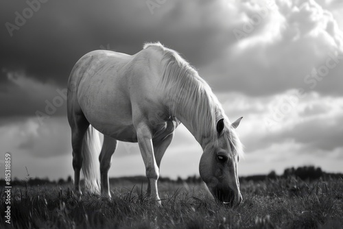 Black and white image of a gracious horse grazing in the field on a summer day