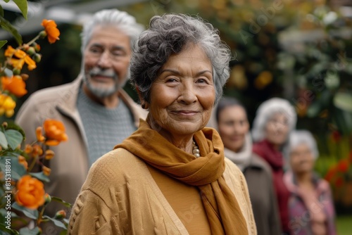 Portrait of a senior Asian woman with her family in the background