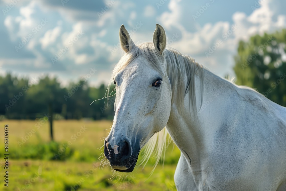 Obraz premium White horse standing in the green field on a sunny summer day