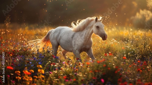 Beautiful grey white horse running in the flower meadow. Gracious animal on a sunny summer day