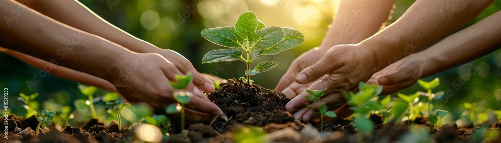Fototapeta premium A group of diverse hands planting a tree seedling in the soil together.