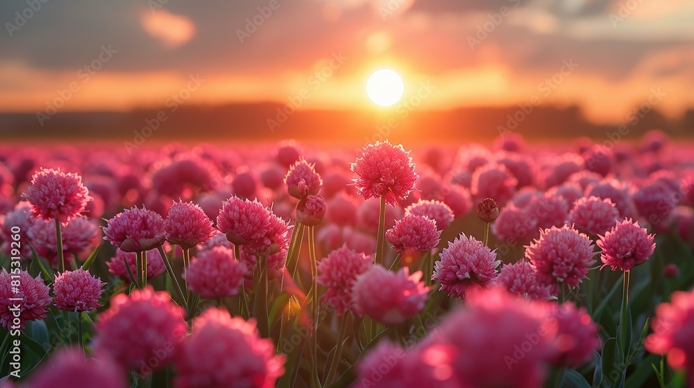 Full bloom onion organic farm in the morning with sun rise. Created using generative AI Full bloom onion organic farm in the morning with sun rise. Created using generative AI