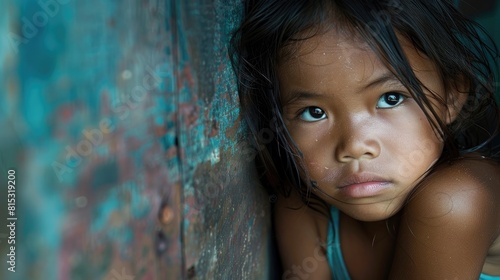 A poignant portrait captures a young girl from Thailand deeply lost in contemplation surrounded by the stark realities of poverty alongside other children affected by the harshness of war a