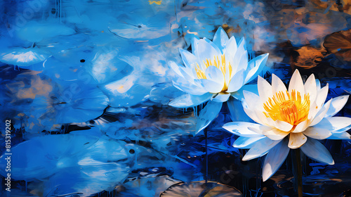 blue lotus in the water blue painting the water lily blue background drawing abstract decorative painting