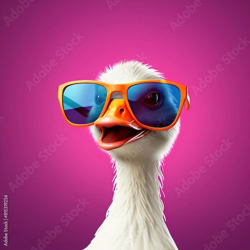 Funny goose wearing sunglasses in studio with a colorful and bright background. Generative AI