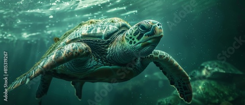 A large sea turtle swims gracefully through the ocean depths © INsprThDesign