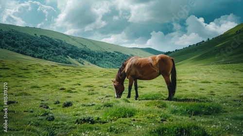 Chestnut horse grazing in the green field on a summer day