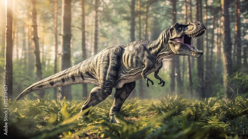 Tyrannosaurus Rex standing in a forest through trees. Dinosaur s mouth is open  showing sharp teeth. Forest and lush with ferns and tall trees. majesty and fearsome nature of the prehistoric predator.