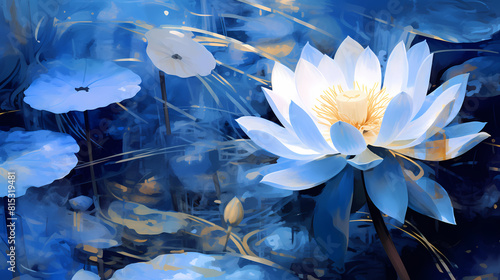 blue lotus in the water blue painting the water lily blue background drawing abstract decorative painting