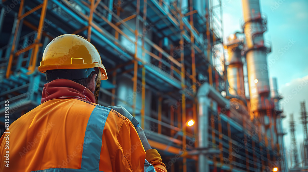 A lone worker in safety gear stands overlooking complex refinery operations during twilight, highlighting industry's scale. A lone worker in safety gear stands overlooking complex refinery operations during twilight, highlighting industry's scale.