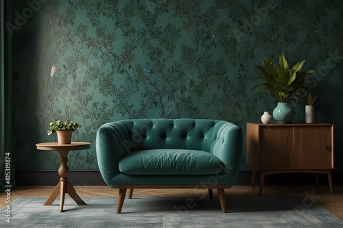 Chair and turquoise sofa in green living room interior with leaves wallpaper and table. Real photo Generative AI